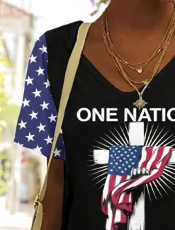 Women's Patriotic T Shirt Graphic Flag American Flag Vintage Fashion Hawaiian Short Sleeve V Neck Regular Tops Daily Going out Weekend Print Black Red Summer Spring