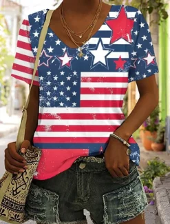 Women's Patriotic T Shirt Graphic Flag American Flag Vintage Fashion Hawaiian Short Sleeve V Neck Regular Tops Daily Going out Weekend Print Black Red Summer Spring