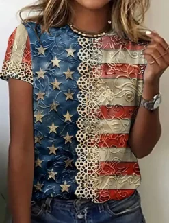 Women's Patriotic T Shirt Floral Graphic Flag Fashion Casual Short Sleeve Crew Neck Round Neck Regular Tops Daily Print Blue Khaki Summer Spring