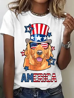 Women's Patriotic T Shirt Graphic Flag Vintage Stylish Casual Short Sleeve Crew Neck Regular Tops Daily Print Black White Blue Light Blue Summer Spring