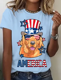 Women's Patriotic T Shirt Graphic Flag Vintage Stylish Casual Short Sleeve Crew Neck Regular Tops Daily Print Black White Blue Light Blue Summer Spring