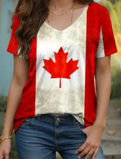 Women's Patriotic T Shirt Graphic Flag Vintage Stylish Casual Short Sleeve V Neck Regular Tops Daily Weekend Print White Red Summer Spring