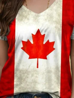 Women's Patriotic T Shirt Graphic Flag Vintage Stylish Casual Short Sleeve V Neck Regular Tops Daily Weekend Print White Red Summer Spring