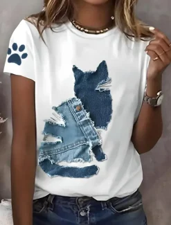 Women's Patriotic T Shirt Graphic Animal Cat Vintage Stylish Classic Short Sleeve Crew Neck Regular Tops Daily Weekend Print White Blue Summer Spring