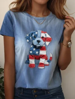 Women's Patriotic T Shirt Graphic Animal Cat Vintage Stylish Classic Short Sleeve Crew Neck Regular Tops Daily Weekend Print White Blue Summer Spring