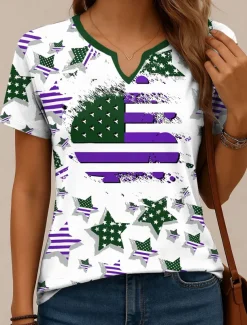 Women's Patriotic T Shirt Graphic Flag Vintage Stylish Classic Short Sleeve Notched Neck Regular Tops Daily Weekend Print Red Navy Blue Purple Green Summer Spring