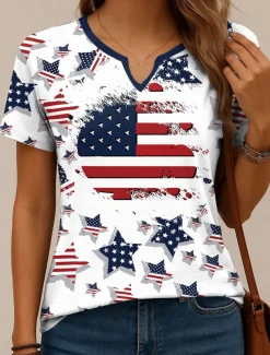 Women's Patriotic T Shirt Graphic Flag Vintage Stylish Classic Short Sleeve Notched Neck Regular Tops Daily Weekend Print Red Navy Blue Purple Green Summer Spring