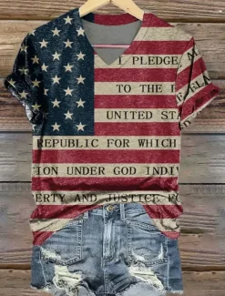 Women's Patriotic T Shirt Graphic American Flag Vintage Stylish Classic Short Sleeve V Neck Regular Tops Daily Print White Red Blue Red / Blue Summer Spring