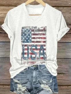 Women's Patriotic T Shirt Graphic American Flag Vintage Stylish Classic Short Sleeve V Neck Regular Tops Daily Print White Red Blue Red / Blue Summer Spring