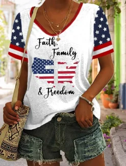 Women's Patriotic T Shirt Graphic Flag Vintage Stylish Classic Short Sleeve V Neck Regular Tops Daily Print Black White Red Navy Blue Summer Spring