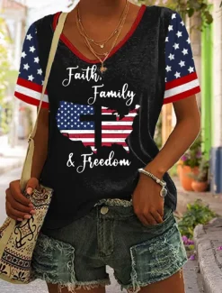 Women's Patriotic T Shirt Graphic Flag Vintage Stylish Classic Short Sleeve V Neck Regular Tops Daily Print Black White Red Navy Blue Summer Spring