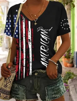 Women's Patriotic T Shirt Flag Flag National Flag Stylish Casual Red White And Blue Short Sleeve V Neck Regular Tops Daily Print Black Summer Spring