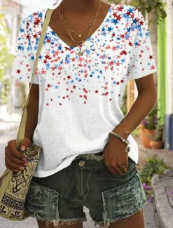 Women's Patriotic T Shirt Flag Flag National Flag Stylish Casual Red White And Blue Short Sleeve V Neck Regular Tops Daily Print Black Summer Spring