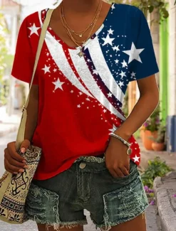 Women's Patriotic T Shirt Flag Flag National Flag Stylish Casual Red White And Blue Short Sleeve V Neck Regular Tops Daily Print Black Summer Spring