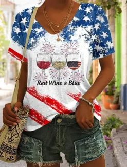 Women's Patriotic T Shirt Flag Flag National Flag Stylish Casual Red White And Blue Short Sleeve V Neck Regular Tops Daily Print Black Summer Spring