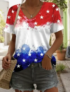 Women's Patriotic T Shirt Flag Stylish Casual Red White And Blue Short Sleeve V Neck Regular Tops Daily Print Blue Summer