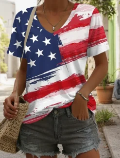 Women's Patriotic T Shirt Flag Stylish Casual Red White And Blue Short Sleeve V Neck Regular Tops Daily Print Blue Summer