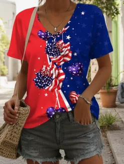 Women's Patriotic T Shirt Flag Stylish Casual Red White And Blue Short Sleeve V Neck Regular Tops Daily Print Blue Summer
