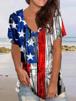 Women's Patriotic T Shirt Graphic Flag Vintage Stylish Casual Short Sleeve V Neck Regular Tops Daily Print Black Red Blue Summer Spring