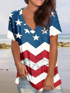 Women's Patriotic T Shirt Graphic Flag Vintage Stylish Casual Short Sleeve V Neck Regular Tops Daily Print Black Red Blue Summer Spring
