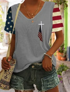 Women's Patriotic T Shirt Graphic American Flag Vintage Stylish Classic Short Sleeve V Neck Regular Tops Daily Weekend Print Black Blue Gray Summer