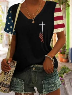 Women's Patriotic T Shirt Graphic American Flag Vintage Stylish Classic Short Sleeve V Neck Regular Tops Daily Weekend Print Black Blue Gray Summer