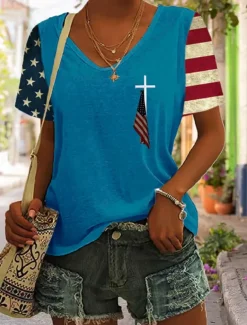 Women's Patriotic T Shirt Graphic American Flag Vintage Stylish Classic Short Sleeve V Neck Regular Tops Daily Weekend Print Black Blue Gray Summer