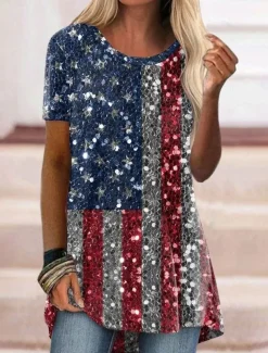 Women's Patriotic T Shirt Graphic Flag Vintage Stylish Classic Short Sleeve Crew Neck Regular Tops Daily Print Red Summer Spring