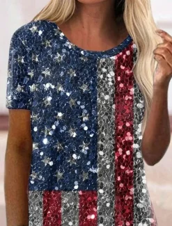 Women's Patriotic T Shirt Graphic Flag Vintage Stylish Classic Short Sleeve Crew Neck Regular Tops Daily Print Red Summer Spring