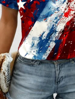 Women's Patriotic T Shirt Graphic Flag Flag Vintage Stylish Classic Red White And Blue Short Sleeve Crew Neck Round Neck Regular Tops Daily Print Red / Blue