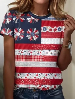 Women's Patriotic T Shirt Graphic Flag American Flag Vintage Stylish Classic Short Sleeve Crew Neck Regular Tops Daily Weekend Print White Red Summer Spring
