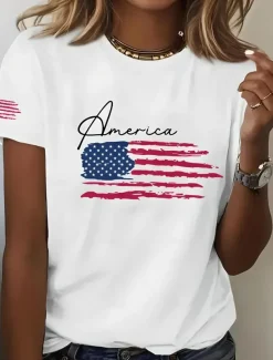Women's Patriotic T Shirt Graphic Flag American Flag Vintage Stylish Classic Short Sleeve Crew Neck Regular Tops Daily Weekend Print White Red Summer Spring