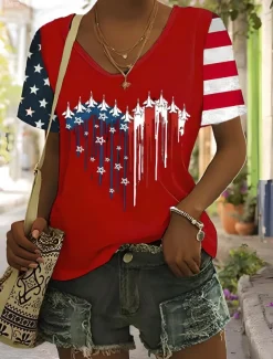Women's Patriotic T Shirt Graphic American Flag Vintage Stylish Classic Short Sleeve V Neck Regular Tops Daily Weekend Print Black Summer Spring