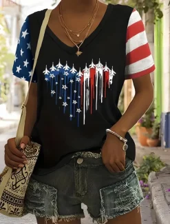 Women's Patriotic T Shirt Graphic American Flag Vintage Stylish Classic Short Sleeve V Neck Regular Tops Daily Weekend Print Black Summer Spring