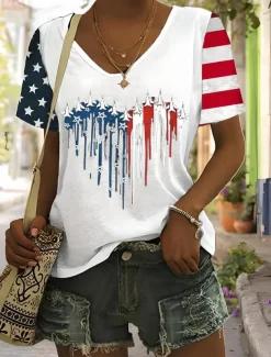 Women's Patriotic T Shirt Graphic American Flag Vintage Stylish Classic Short Sleeve V Neck Regular Tops Daily Weekend Print Black Summer Spring