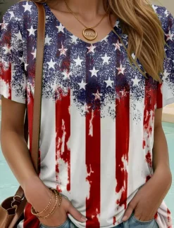 Women's Patriotic T Shirt Graphic Flag American Flag Stylish Casual Red White And Blue Short Sleeve Crew Neck Regular Tops Daily Weekend Print Wine Summer Spring