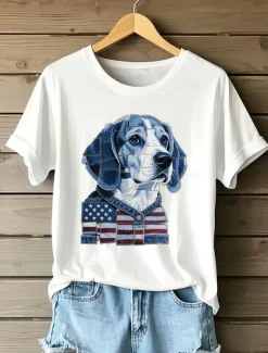 Women's Patriotic T Shirt Graphic Animal Flag Vintage Stylish Casual Short Sleeve Crew Neck Round Neck Regular Tops Daily Print Maroon Red Blue Summer Spring