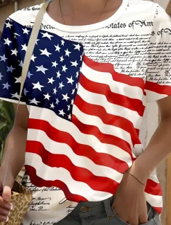 Women's Patriotic T Shirt Flag American Flag National Flag Stylish Casual Short Sleeve Crew Neck Regular Tops Daily Weekend Print Red / Blue Summer Spring