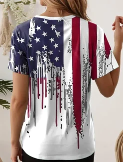 Women's Patriotic T Shirt Graphic American Flag Vintage Stylish Classic Short Sleeve V Neck Regular Tops Daily Print White Summer Spring