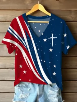 Women's Patriotic T Shirt Graphic American Flag Vintage Stylish Classic Short Sleeve V Neck Regular Tops Daily Print White Summer Spring