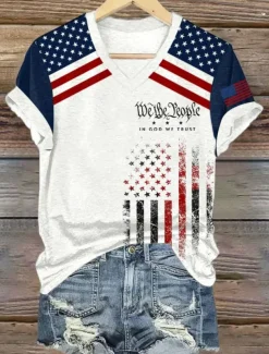 Women's Patriotic T Shirt Graphic American Flag Vintage Stylish Classic Short Sleeve V Neck Regular Tops Daily Print White Summer Spring