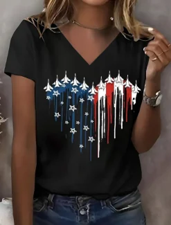 Women's Patriotic T Shirt Graphic American Flag Vintage Stylish Classic Short Sleeve V Neck Regular Tops Daily Print White Summer Spring