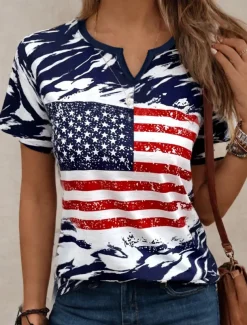 Women's Patriotic T Shirt American Flag Camo Print Red White And Blue Short Sleeve V Neck Button Detail Casual Summer Top Regular Plus Size Clothing Apparel