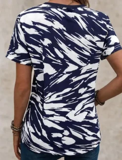 Women's Patriotic T Shirt American Flag Camo Print Red White And Blue Short Sleeve V Neck Button Detail Casual Summer Top Regular Plus Size Clothing Apparel