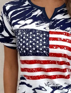 Women's Patriotic T Shirt American Flag Camo Print Red White And Blue Short Sleeve V Neck Button Detail Casual Summer Top Regular Plus Size Clothing Apparel