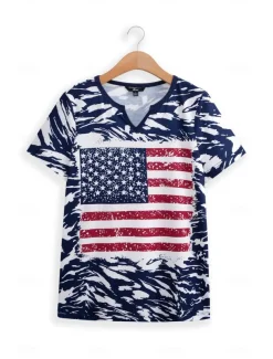 Women's Patriotic T Shirt American Flag Camo Print Red White And Blue Short Sleeve V Neck Button Detail Casual Summer Top Regular Plus Size Clothing Apparel