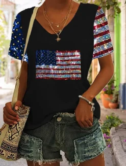 Women's Patriotic T Shirt Graphic Flag Stylish Casual Short Sleeve V Neck Regular Tops Daily Print Black Red Blue Summer