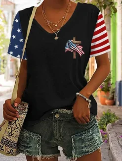Women's Patriotic T Shirt Graphic Flag Stylish Casual Short Sleeve V Neck Regular Tops Daily Print Black Red Blue Summer