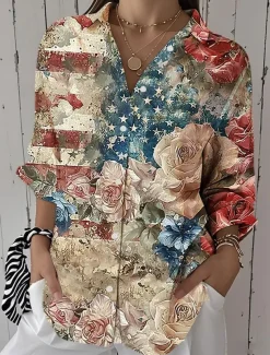 Women's Patriotic Shirt Graphic Flag Vintage Tropical Stylish Regular Tops Work Daily s Print Yellow Red Navy Blue Spring Fall