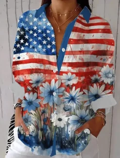 Women's Patriotic Shirt Graphic Flag Vintage Tropical Stylish Regular Tops Work Daily s Print Yellow Red Navy Blue Spring Fall